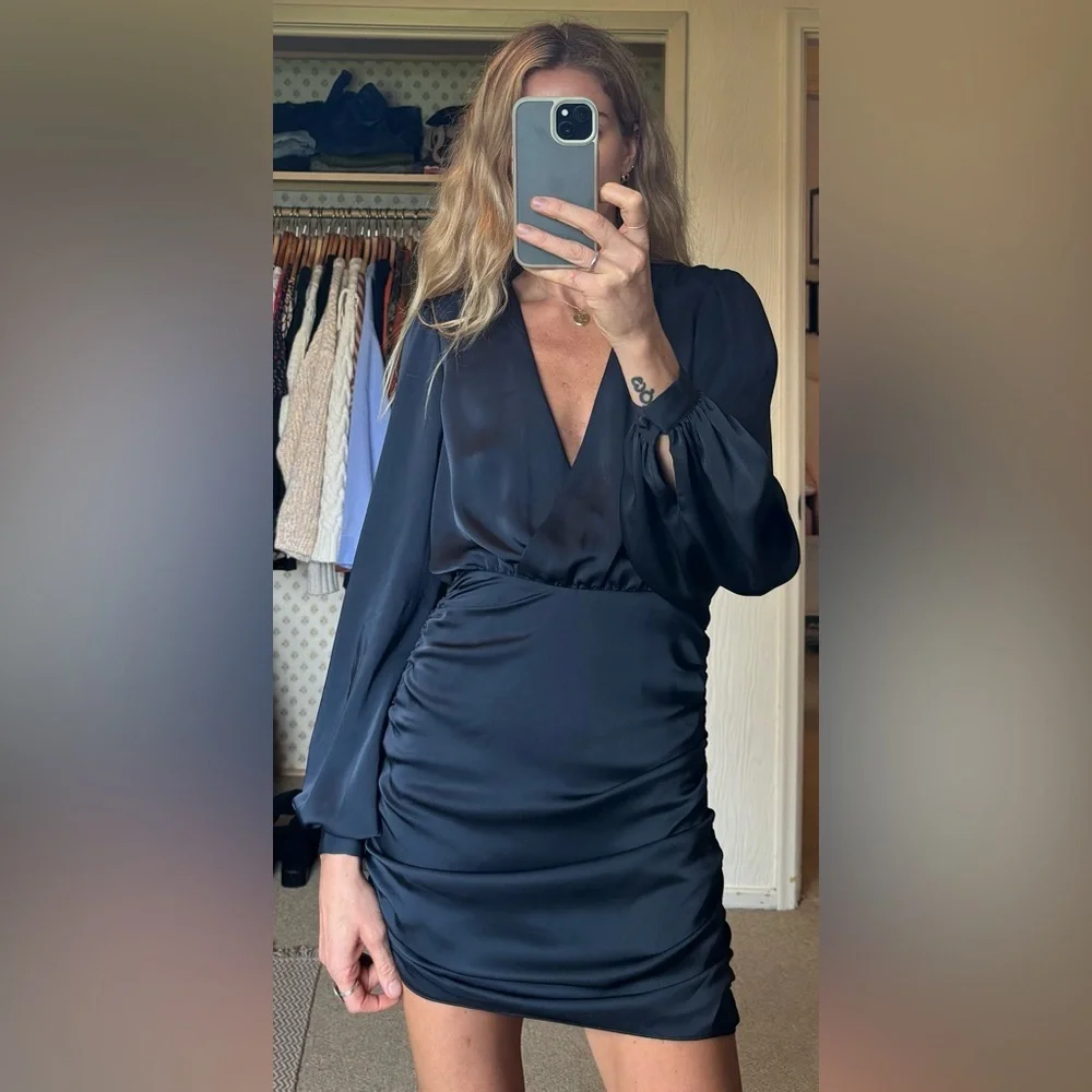 Ramy Brook Foxy Satin Navy Blue Ruched Long Sleeve V Neck Side Zip Mini Dress - Picture 4 of 15